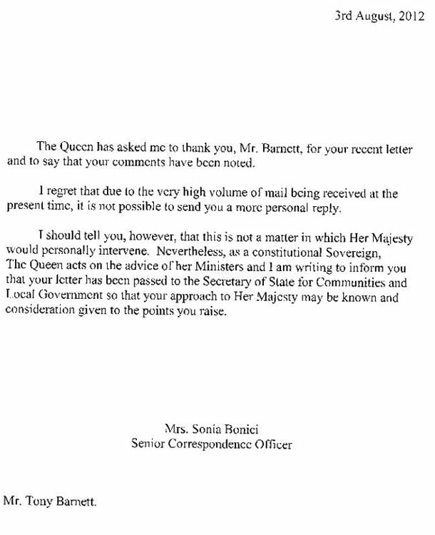 The Queen replies to letter from Tony Barnett