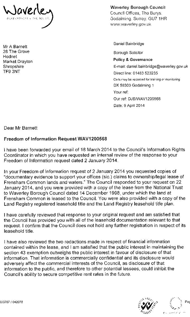 Tony Barnett writes to Daniel Bainbridge, Waverley Borough Council